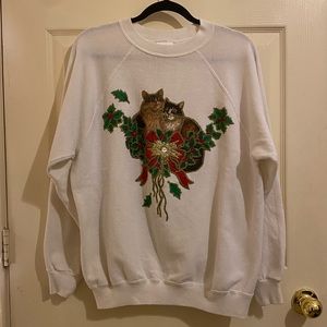 ❌SOLD❌Vintage 90s Hand Painted Custom (1/1) Christmas Cats Holly Wreath Crewneck